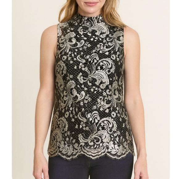 Talbots Sleeveless Black Silver/White Lace Floral Lined Formal Top SZ 4 zip up - Picture 1 of 10